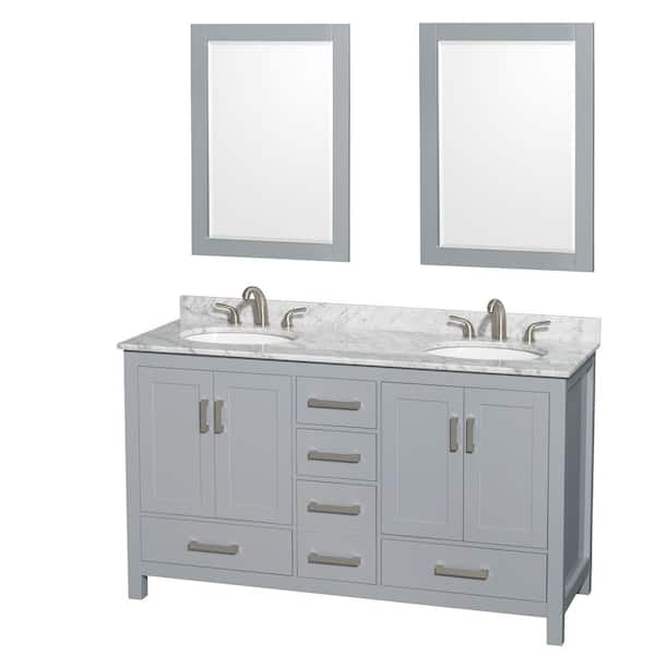 Wyndham Collection Sheffield 60 in. W x 22 in. D x 35 in. H Double Bath Vanity in Gray with White Carrara Marble Top and 24" Mirrors