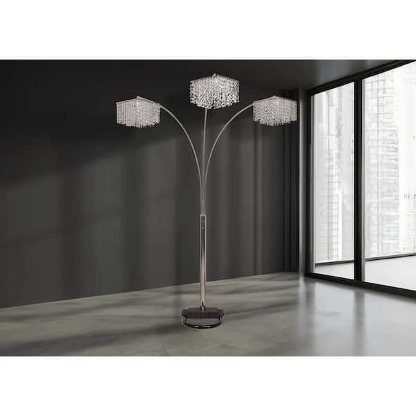 90 in. H 3-Light Chrome Hanging Crystal Arc Floor Lamp with Crystal Drop Shade