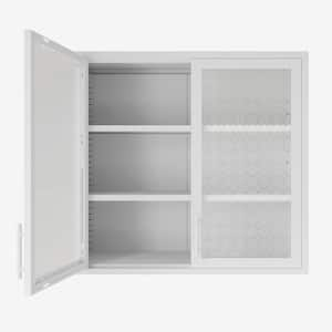 31.5 in. W x 11.8 in. D x 30 in. H Bathroom Storage Wall Cabinet in White with Begonia-Embossed Glass Doors