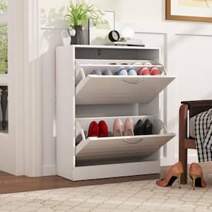 29.5 in. H x 22.4 in. W White Wooden Shoe Storage Cabinet with Silver Handles and 2 Drawers, for 12 Pairs