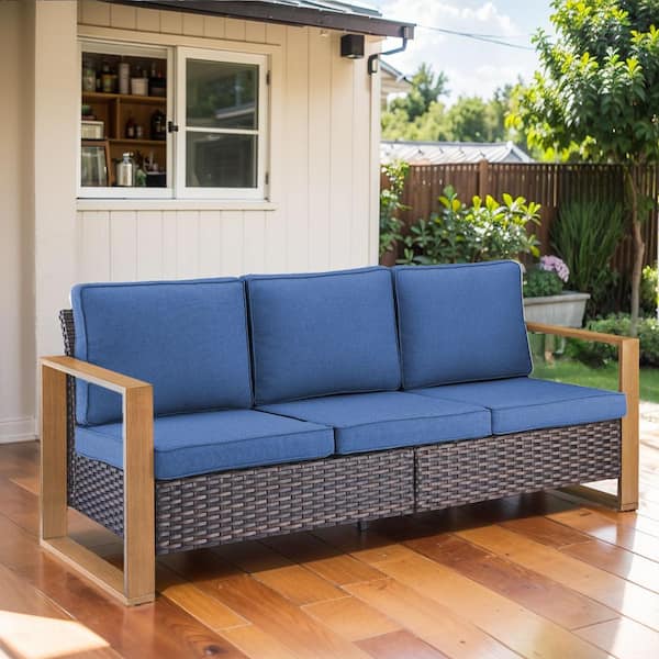 Gymojoy Allcot Brown Wicker Outdoor 3-Seat Sofa Couch with Deep Seating and Blue Cushions