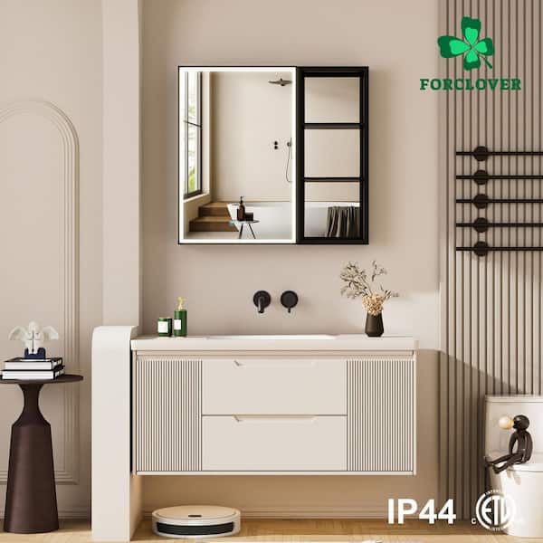 32 in. W x 30 in. H Rectangular Black Aluminum Recessed/Surface Mount LED Medicine Cabinet with Mirror and Outlet