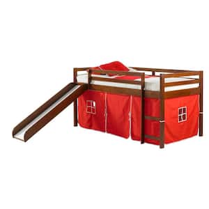 Brown Light Espresso Twin Tent Loft Bed with Red Tent Kit and Slide