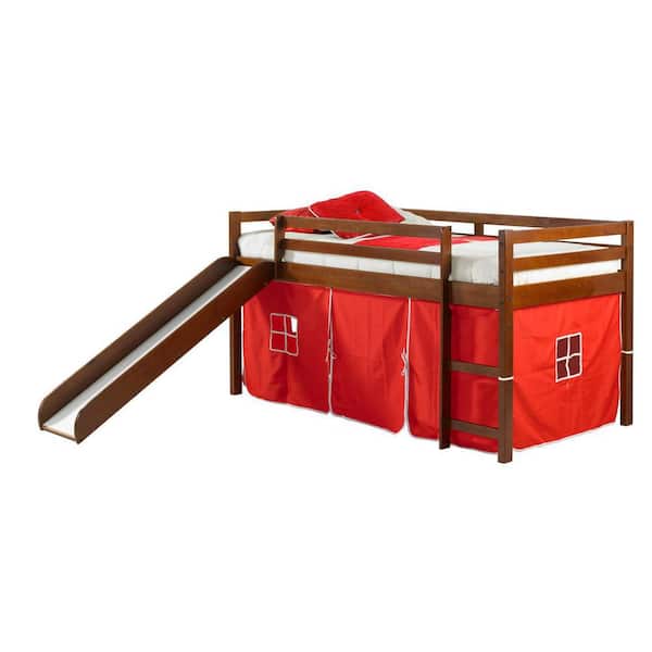 Donco Kids Brown Light Espresso Twin Tent Loft Bed with Red Tent Kit and Slide