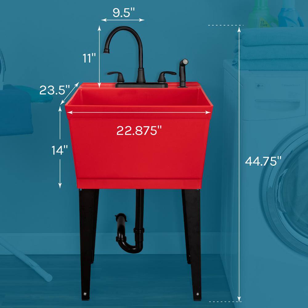 Red Thermoplastic Freestanding Utility Sink with Black Faucet