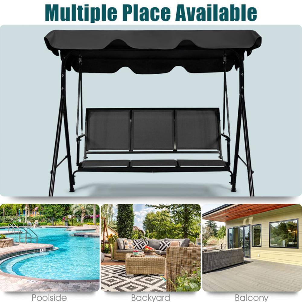 Black Powder Coated Steel 3-Person Outdoor Patio Swing with Adjustable Canopy