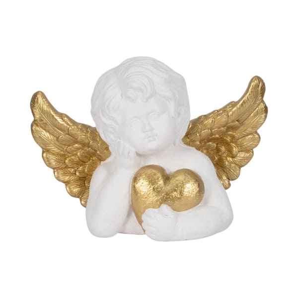 White 15 in. x 11 in. Resin Cherub Angel Garden Statue with Heart Ornament