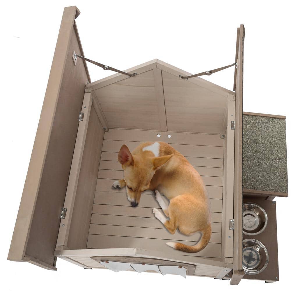 Medium Outdoor Fir Wood Dog House with Storage and Feeding Station