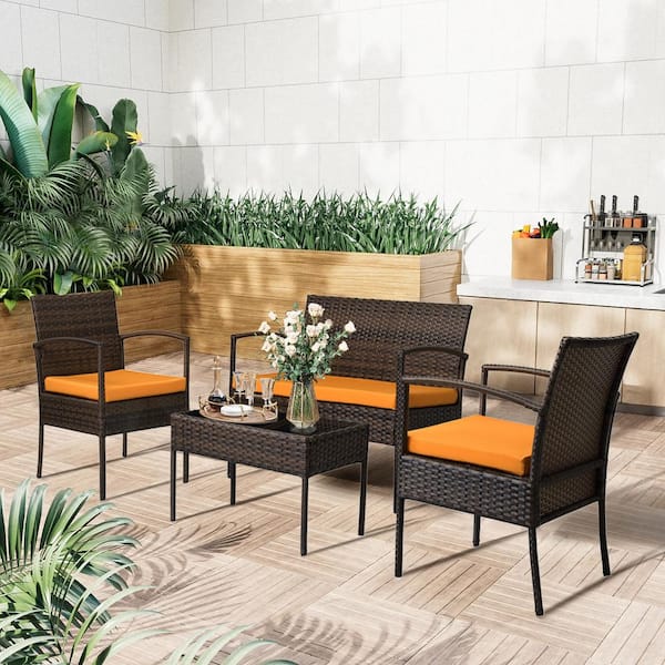 THY-HOM Nice 4-Piece Dark Brown Wicker Patio Conversation Set with Orange Cushions