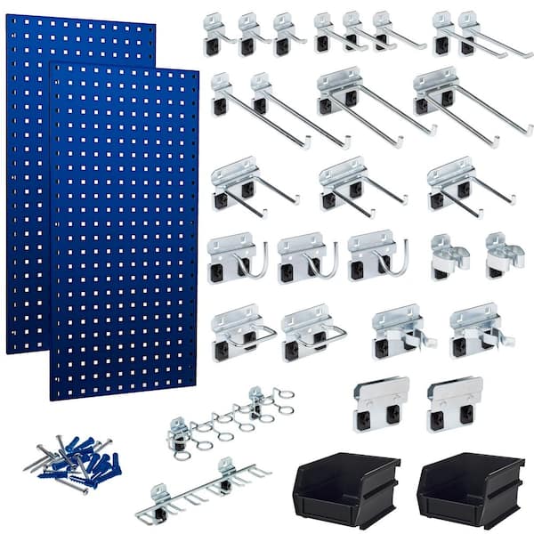 Triton Products (2) 18 in. W x 36 in. H Blue Steel Square Hole Pegboards with 30-piece LocHook Assortment and Hanging Bin System