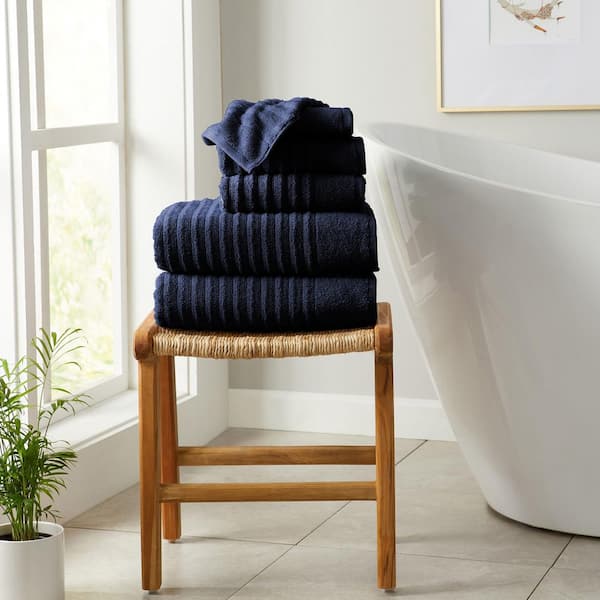 Navy Blue Premium Cotton Ribbed Textured 6 Piece Towel Set