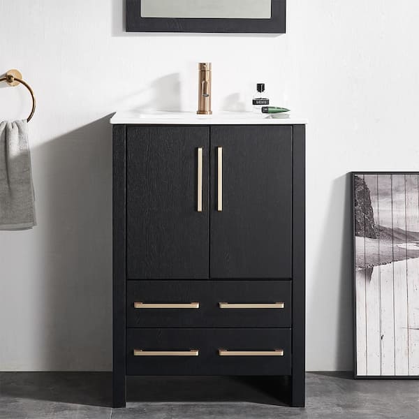 24 in. W x 18.5 in. D x 34 in. H. Modern Bathroom Vanity in Black wood Grain Finish with White Ceramic Sink Top