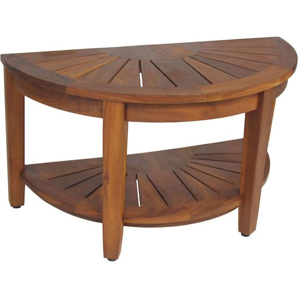 Original 31.5 in. x 15.5 in. Half-Moon Freestanding Teak Shower Bench with Shelf