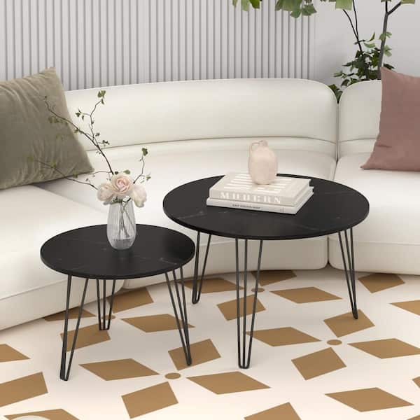 27.56 in. Black Round MDF Coffee Table Set of 2 for Living Room