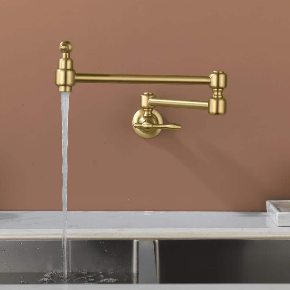 Brushed Gold Brass Double Handle Wall Mount Pot Filler Faucet