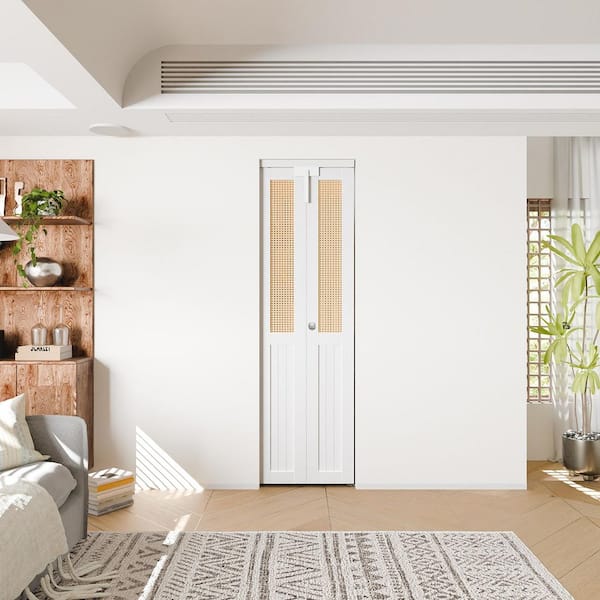 24 in. x 80 in. Half Cane Webbing & Wood Half Solid Core White PVC Covering MDF Bi-fold Doors with Locks and Handles