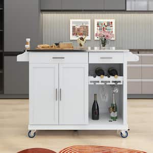 51 in. W White MDF Stainless Steel Top Kitchen Cart Kitchen Island on Wheels with 2-Drawers and Goblet Holder