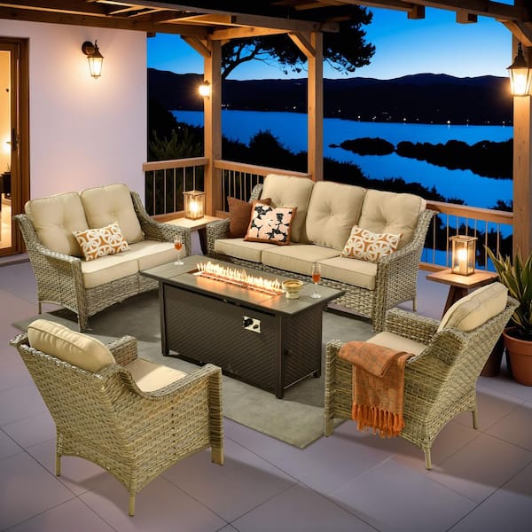 Harpera 5-Piece Wicker Outdoor Patio Conversation Sofa Seating Set with Beige Cushions and Metal Fire Pit