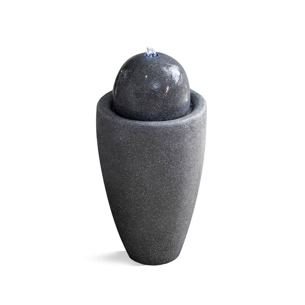 XBRAND 25.98 in. H Round Polyresin Waterfall Stone Textured Sphere Floor Fountain with LED Light, Garden Sphere Fountain, Gray