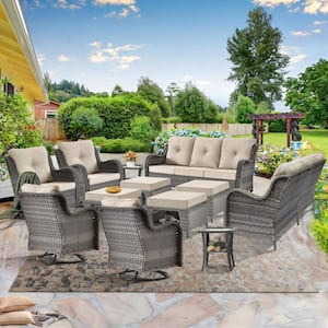 Gray 12-Piece Wicker Patio Conversation Seating Sofa Set Swivel Chairs with Beige Cushions and Ottomans