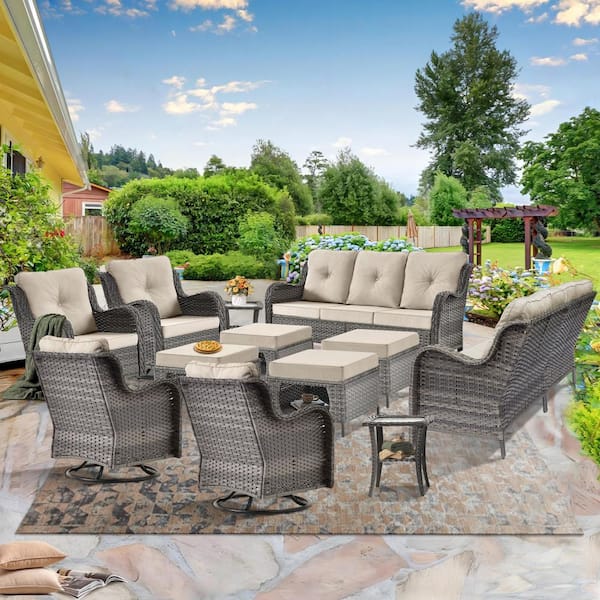 kuurfuurdo Gray 12-Piece Wicker Patio Conversation Seating Sofa Set Swivel Chairs with Beige Cushions and Ottomans