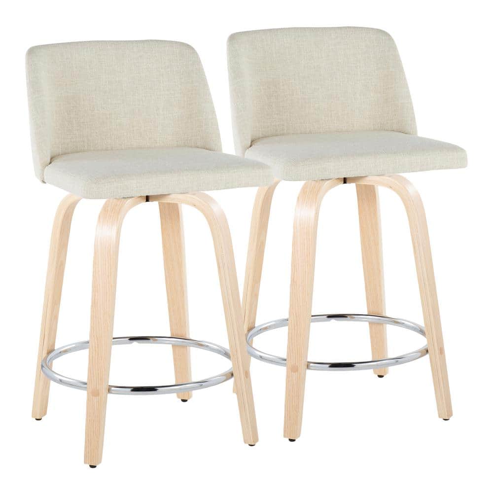 Cream Upholstered Swivel Counter Stool with Natural Wood Legs