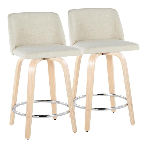 Toriano 24.25 in. Cream Fabric, Natural Wood and Chrome Metal Fixed-Height Counter Stool (Set of 2)