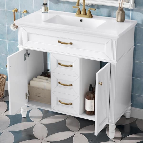 36 in. Freestanding White Bath Vanity with White Ceramic Top Soft and Close Doors, 2 Storage Drawers