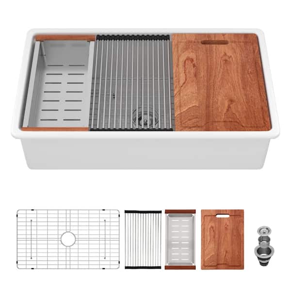 33 in. Undermount Single Bowl White Porcelain Ceramic Workstation Kitchen Sink with Bottom Grid and Strainer