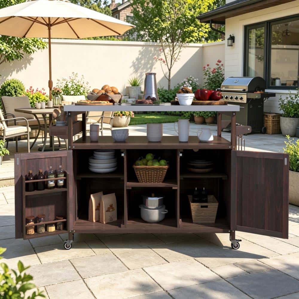 Farmhouse Outdoor Grill Cart, Rolling Bar Cart Grill Table With Stainless Steel Top,Spice Rack,Towel Rack price history on PriceWatchPro