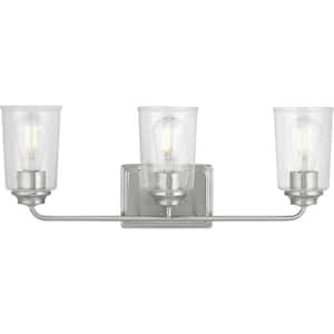Evangeline 23 in. 3-Light Brushed Nickel Farmhouse Bathroom Vanity Light with Clear Seeded Glass Shades