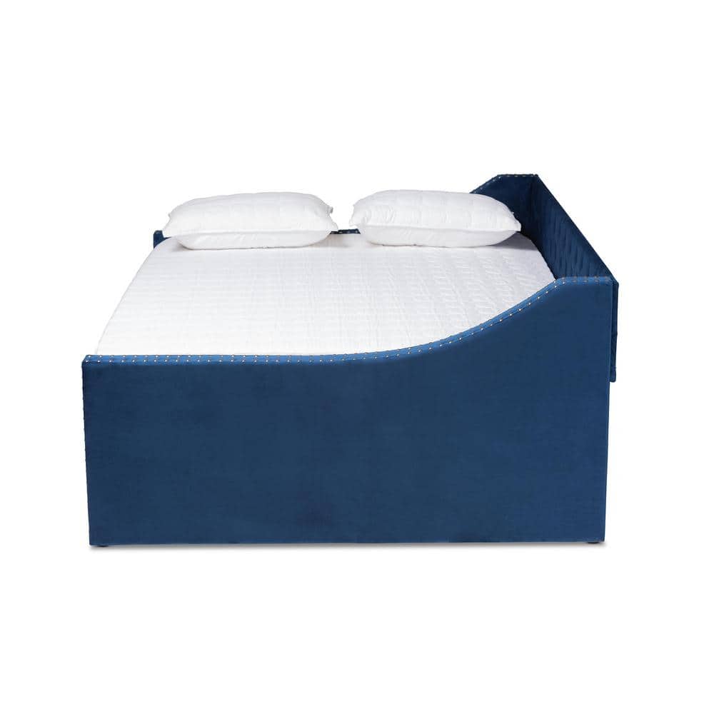 Navy Blue Velvet Queen Daybed with Nailhead Trim and Trundle