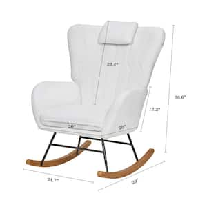 White Nursery Rocking Chair, Teddy Fabric Upholstered Glider Rocker with Headrest High Backrest, Rocking Accent Chair