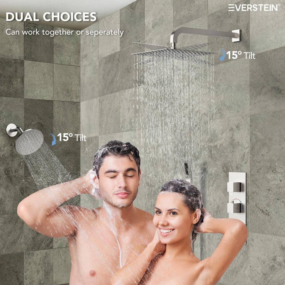 Brushed Nickel Dual Shower System with Handheld Spray and Thermostatic Valve