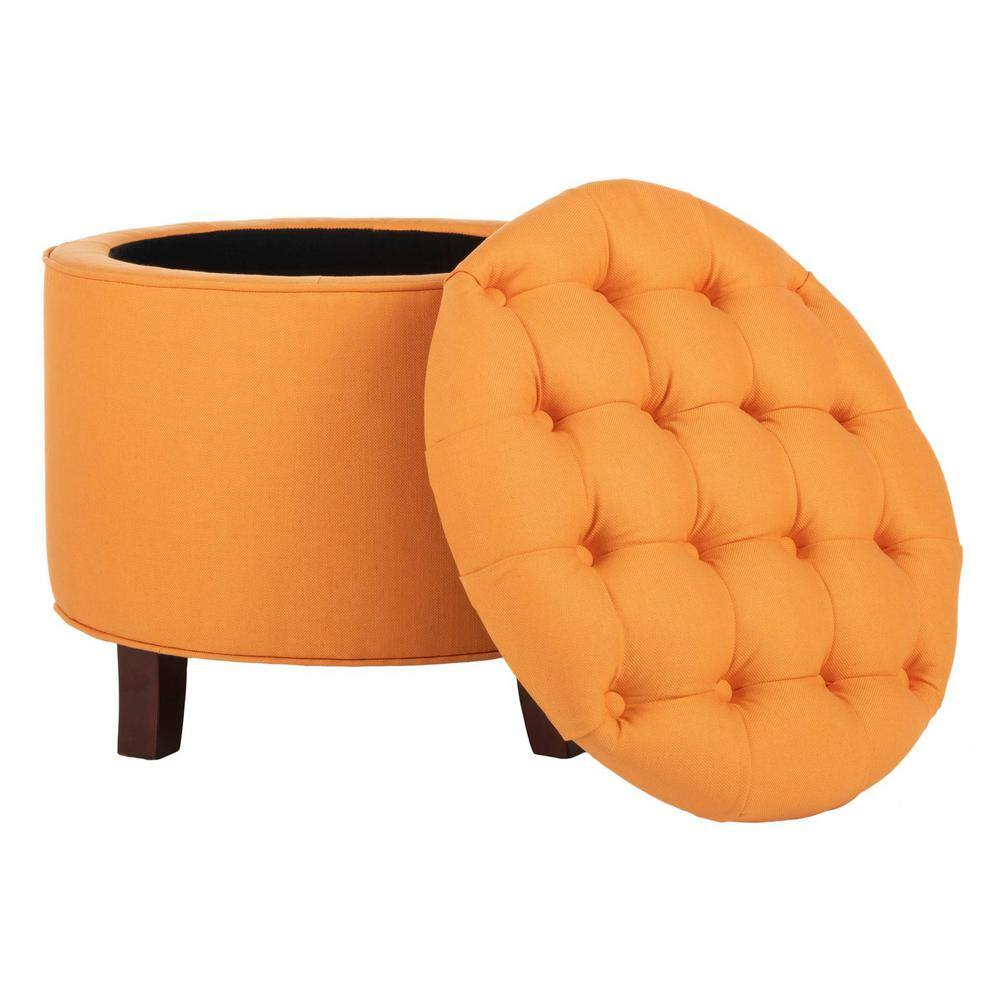 Tangerine Round Tufted Storage Ottoman with Oak Legs