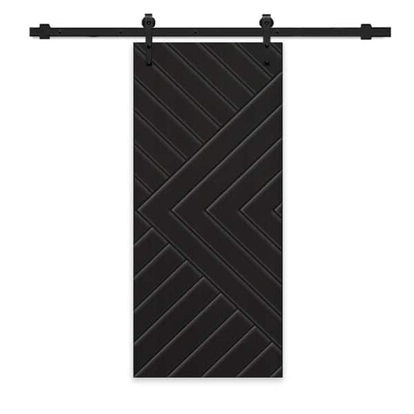 CALHOME Chevron Arrow 24 in. x 84 in. Fully Assembled Black Painted MDF Modern Sliding Barn Door with Hardware Kit