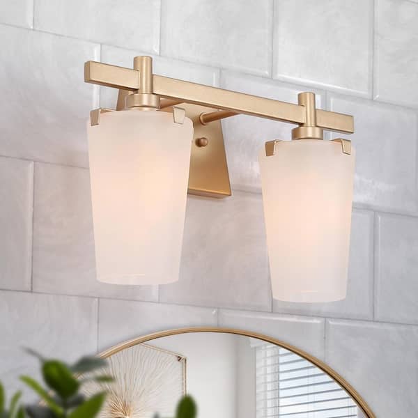 Uolfin 2-Light Modern Gold Linear Bathroom Wall Sconce with Frosted Glass Shades