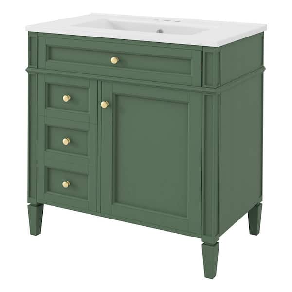 30 in. Single Sink Bath Vanity Green Freestanding Storage Cabinet with White Ceramic Top, 2 Drawers and a Tip-out Drawer