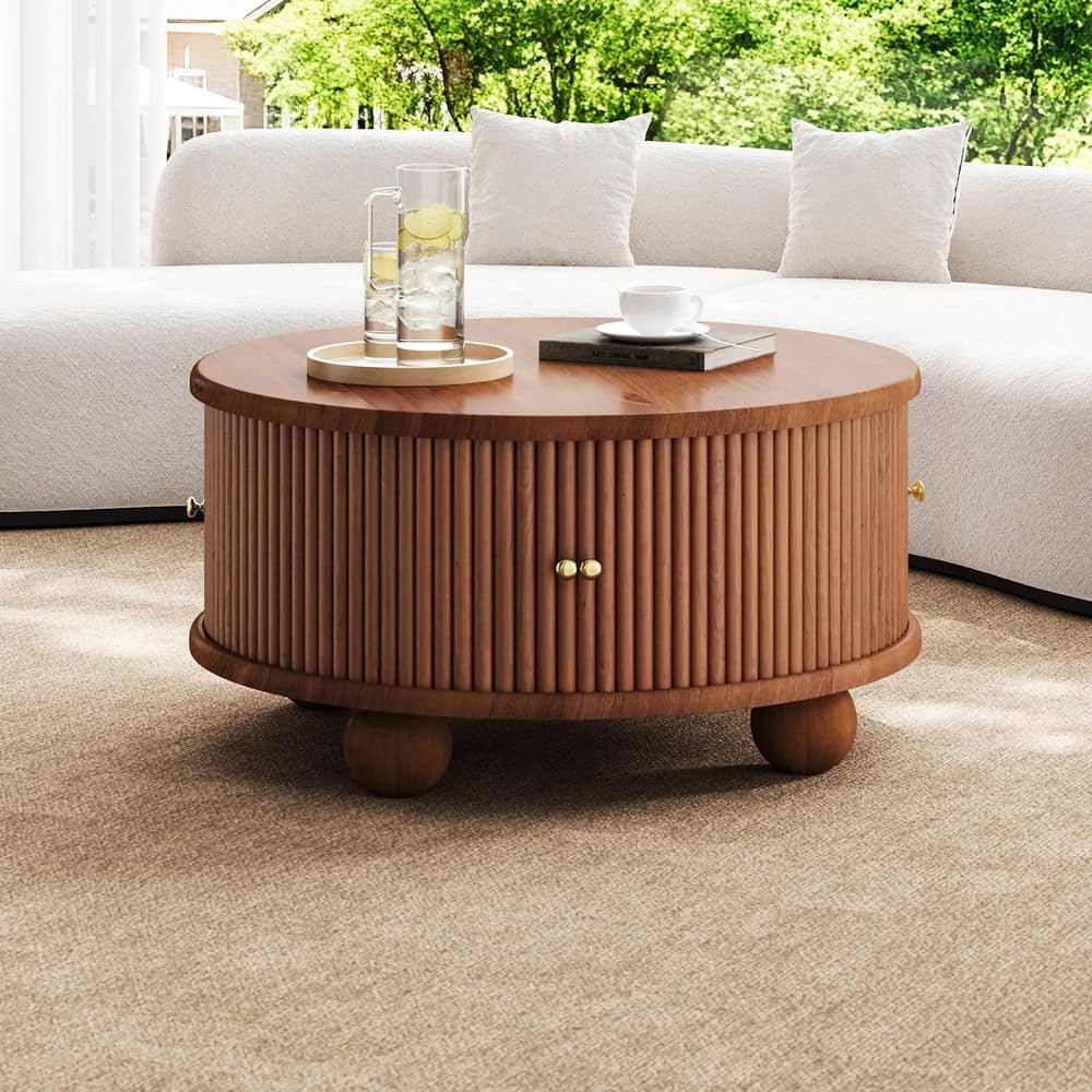 Polibi 31.8 in. Walnut Round Pine Wood Coffee Table with Storage