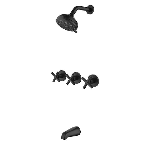 PERLIRIA INC Classical Triple -Handle 10-Spray Tub and Shower Faucet 1.8 GPM in. Matte BlackValve Included