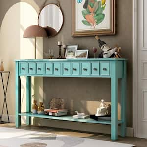60 in. Blue Rustic Standard Rectangle Wood Console Table with 2 Different Size Drawers and Shelf for Storage