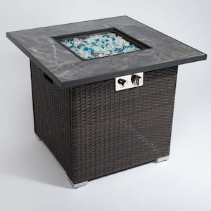 Espresso Wicker 30 in. Outdoor Fire Table Propane Gas Fire Pit Table with Glass Rocks and Rain Cover