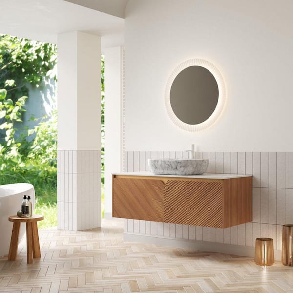48.03 in. Single Sink Floating Oak-Finish Bath Vanity with White Sintered Stone Top and Stone-Gray Sink