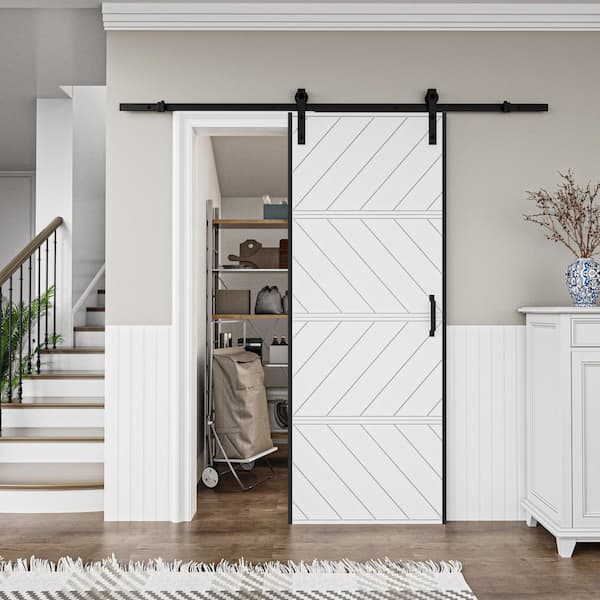 EH PUERTA 30 in. x 84 in. Paneled 4-Segments Wave Design White MDF Prefinished Barn Door Slab with Installation Hardware Kit