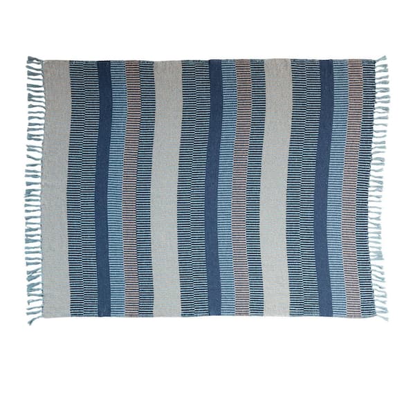 Storied Home Blue and Cream Striped Cotton Blend Throw Blanket with Fringe