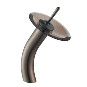 Single Hole Single-Handle Low-Arc Vessel Glass Waterfall Bathroom Faucet in Oil Rubbed Bronze with Glass Disk in Brown