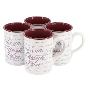 Inspirational Words Live, Laugh, Love, 4-Piece 160 oz. Stoneware Mug Set in Purple