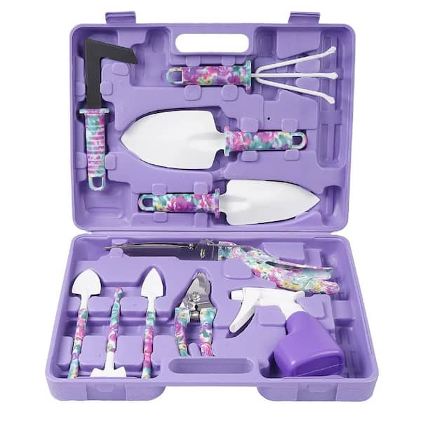 Justincity 10-Piece Garden Tool Set 2-Rakes, 4-Shovels, 1-Weeding Knife, 2-Pruning Shears and Spray Bottle in Purple Finish