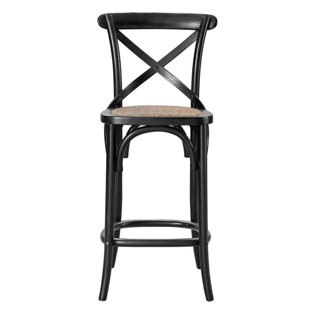 Black Elm Wood Counter Stool with Woven Rattan Seat