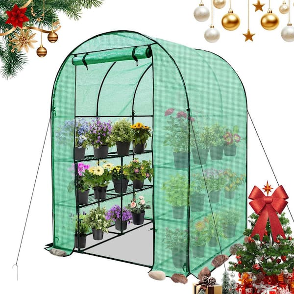56.3 in. W x 56.3 in. D x 76.8 in. H 3-Tier 8-Shelf Walk-In Greenhouse with Roll-Up Zipper Door, Screen Windows, Green